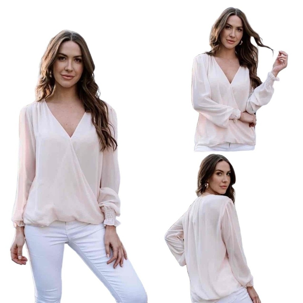 Vince Camuto Blouse Womans Small Spring Blush‎ Pink Faux Wrap Long Sleeve